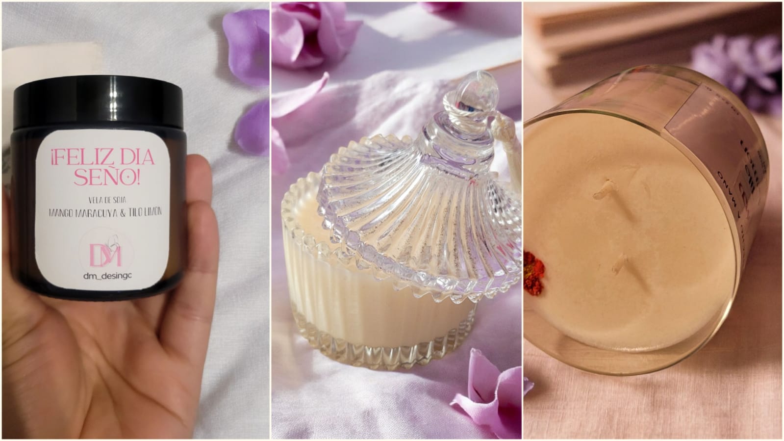 Velas de soja artesanales en distintos recipientes